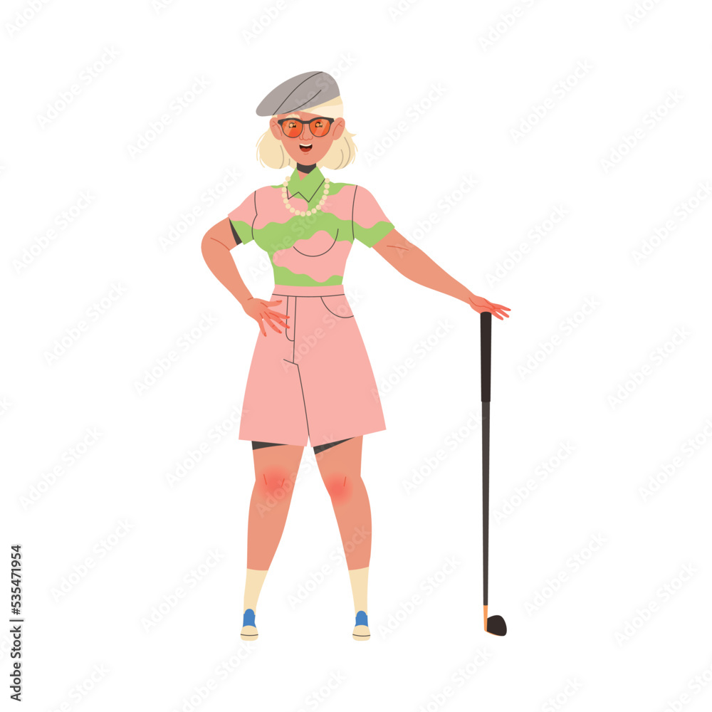 Woman Pensioner Character in Pink Shorts with Club Playing Golf Engaged in Hobby Activity on Retirement Vector Illustration Woman Pensioner Character in Pink Shorts with Club Playing Golf Engaged in Hobby Activity on Retirement Vector Illustration