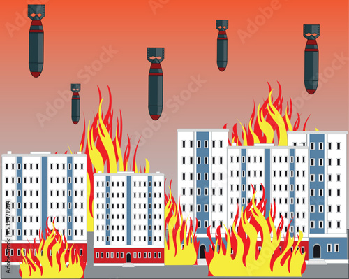 War in city blaze buildings fall bombs