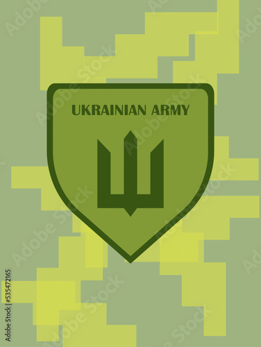 Trident on the shield of the Ukrainian army. Trident emblem. Symbol of the army of Ukraine. Vector image. Part of military clothing. Warrior shield. Military insignia.