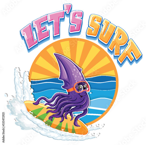 Cute squid on surfboard cartoon character