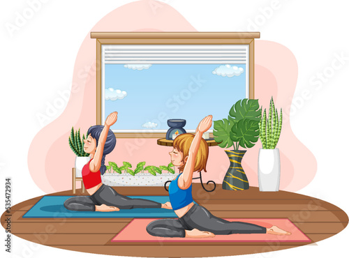 Women practicing yoga at home