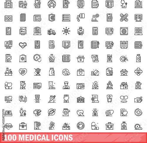 100 medical icons set. Outline illustration of 100 medical icons vector set isolated on white background