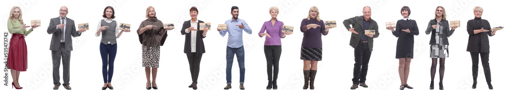 group of happy people with gifts in their hands isolated group of happy people with gifts in their hands isolated
