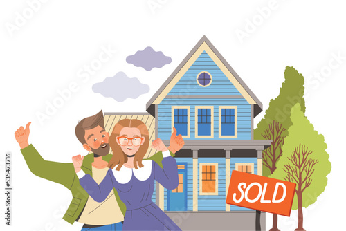 Happy Man and Woman Character Near Real Estate and Residential House Showing Thumb Up Vector Illustration