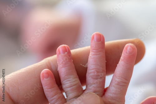 a mother's hand holding the small hand of her newborn baby. concept of care and protection in the family