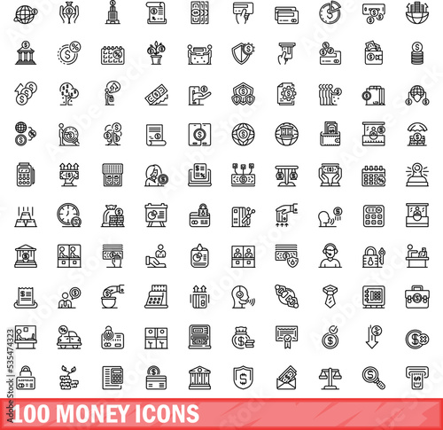 100 money icons set. Outline illustration of 100 money icons vector set isolated on white background