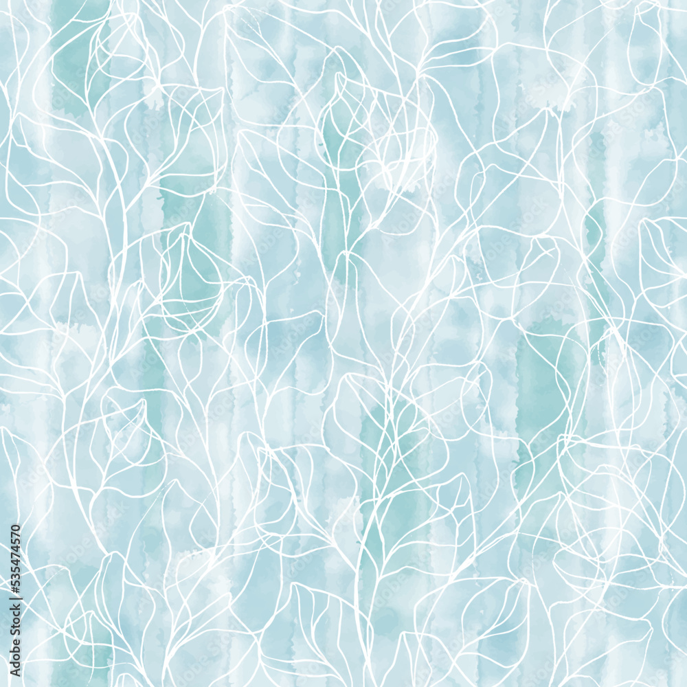 Abstract floral background. Seamless pattern with hand drawn branches on blue watercolor background. Vector. Line art. Perfect for wallpaper, wrapping, fabric and textile.