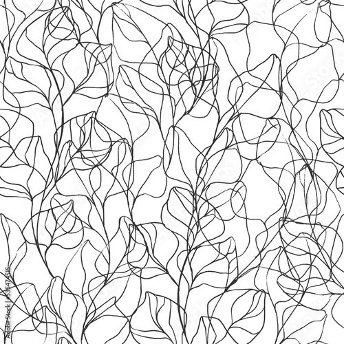 Abstract floral background. Seamless monochrome pattern with hand drawn branches. Vector. Black and white. Line art. Perfect for wallpaper, wrapping, fabric and textile.
