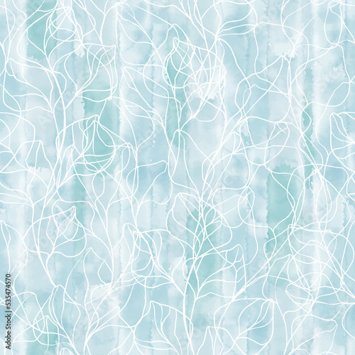 Abstract floral background. Seamless pattern with hand drawn branches on blue watercolor background. Vector. Line art. Perfect for wallpaper, wrapping, fabric and textile.