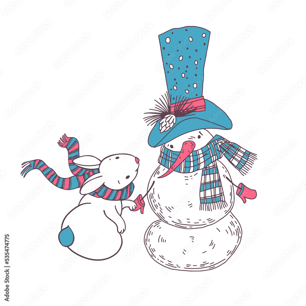 Cute snowman and funny rabbit. Vector. Christmas holiday characters. Perfect for design of cards, invitations, stickers.