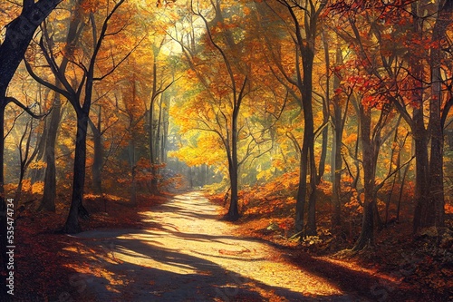 Autumn forest scenery with road of fall leaves   warm light illumining the gold foliage. Footpath in scene autumn forest nature. Vivid october day in colorful forest  maple autumn trees road fall way