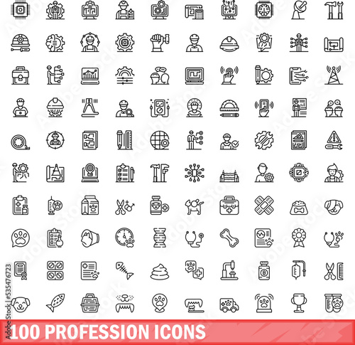 100 profession icons set. Outline illustration of 100 profession icons vector set isolated on white background