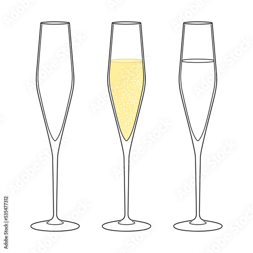 Champagne glasses empty and full vector illustration. Restaurant glassware. Bubbly in glass. Champagne glasses flat icons, fizzy champaign in goblet. Holiday alcohol signs.