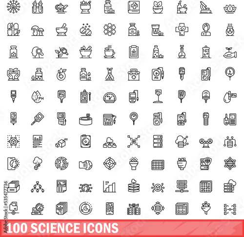 100 science icons set. Outline illustration of 100 science icons vector set isolated on white background