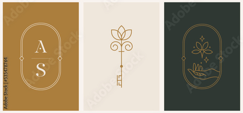 Linear minimal style logos set template with beautiful esoteric women hand, monogram and key. Hair salon, beauty shop, organic cosmetics, spa.