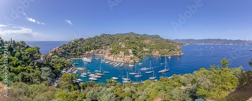 View of the famous Italian coastal town of Portofino taken from the castle