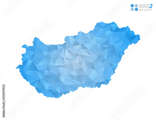Hungary map blue polygon triangle mosaic with white background. Vector style gradient.