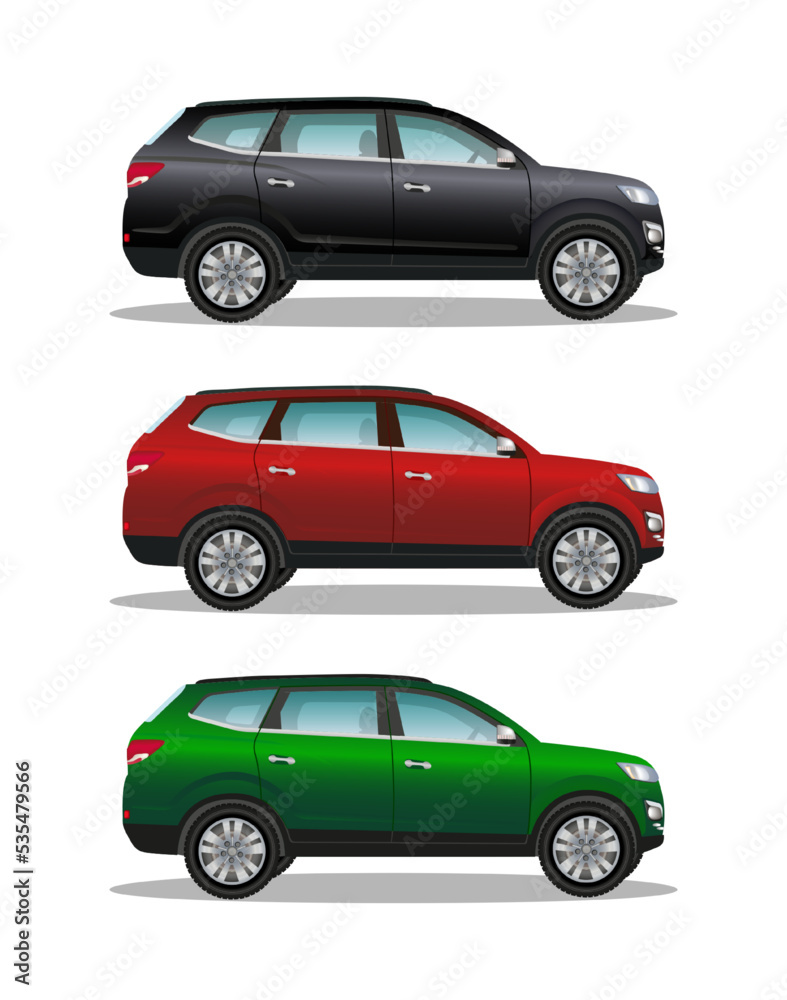 Three luxury offroad cars, black, red, green. Different colors vehicles. Realistic crossover on white background. 4x4 transport.