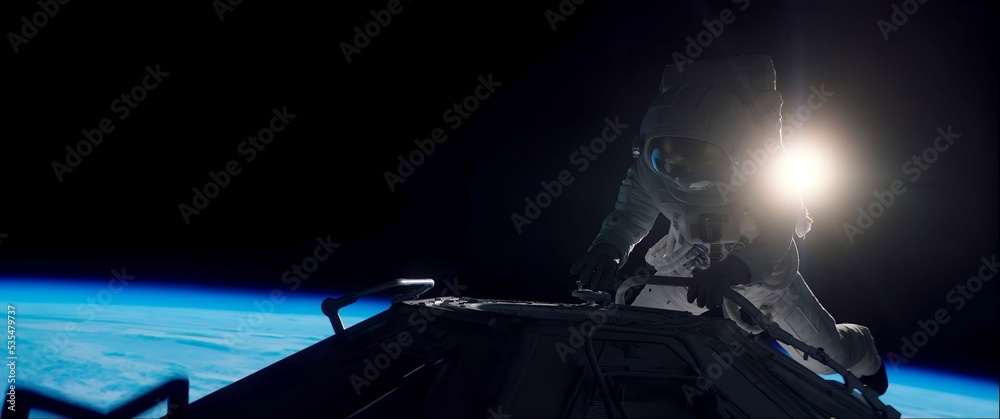 Portrait of female astronaut performing spacewalk, working on a outer part of a space craft. Space exploration, Mars mission