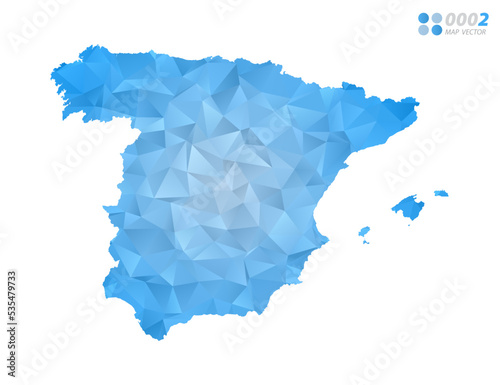 Spain map blue polygon triangle mosaic with white background. Vector style gradient.