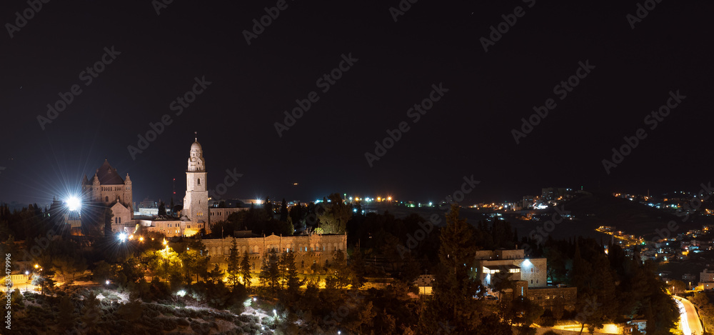 Night view city scape of Jerusalem fortress citadel and landmark cathedral from Israel.