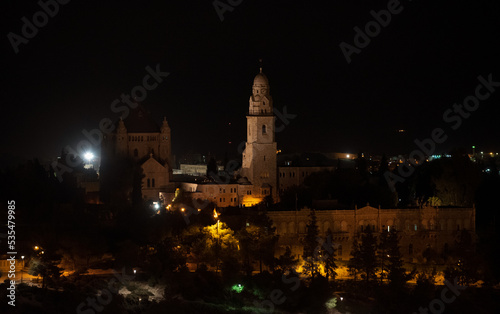 Night view city scape of Jerusalem fortress citadel and landmark cathedral from Israel.