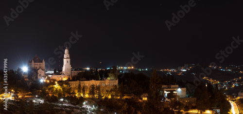 Night view city scape of Jerusalem fortress citadel and landmark cathedral from Israel.