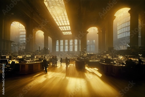 Interior of the American Stock Exchange of Wall Street of New York City in Lower Manhattan. Computers and screens to monitor the Stock Exchange markets of the world and trading. 3D render composition.