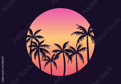 Retro futuristic palm trees in 80s style at sunset. Summer time, palm trees on the background of the sun, retro style. Design for advertising brochures and banners. Retro 90s, bright background