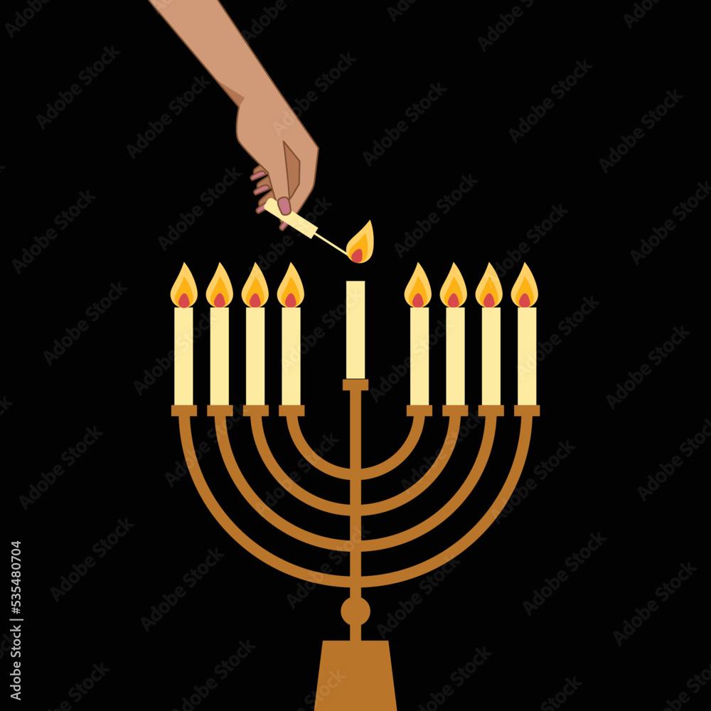 Hand Lighting Candle On Metal Hanukkah Menorah On Surface Against Black Background. Man lighting up candles in menorah. Jewish Woman Celebrating Holidays Hanukkah Hand Lighting Candle On Metal Hanukkah Menorah On Surface Against Black Background. Man lighting up candles in menorah. Jewish Woman Celebrating Holidays Hanukkah