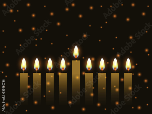 Hanukkah gold greeting card with candles. Happy Hanukkah, Jewish holiday background. Vector Hanukkah background with menorah