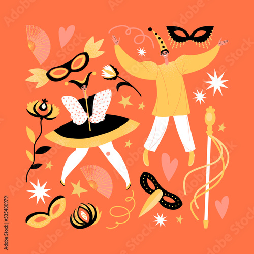 People in Italian theater costumes. Vector illustration with venetian carnival characters, masks and decorations.