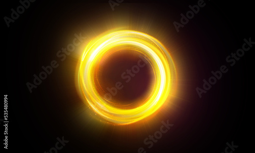 Magic circle light effect. Bright sphere lens. Rotating lines. Glow ring. Magic neon ball. Led blurred swirl. Spiral glint lines. HUD.