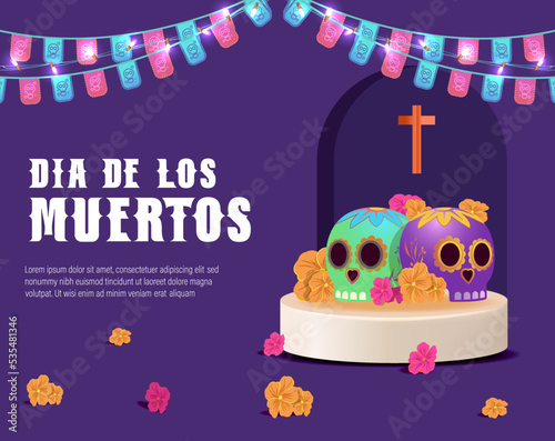Dia de los muertos means Day of the dead. Mexican holiday festival Template Banner Vector Illustration.  photo