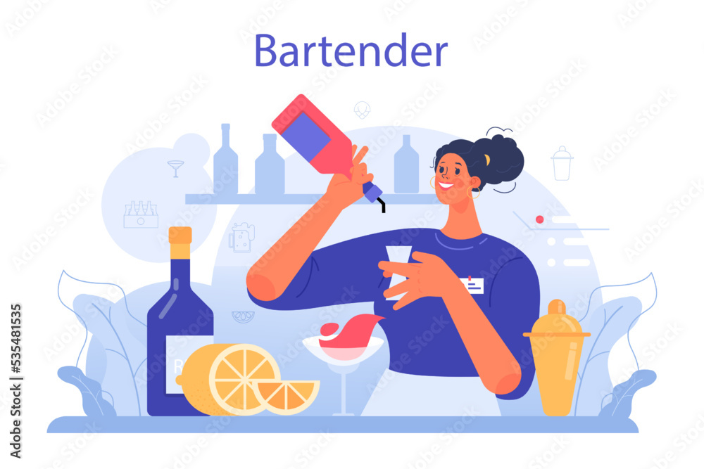Bartender concept. Barman preparing alcoholic drinks with shaker.
