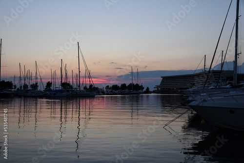 Night photo of port in Greece sea 
