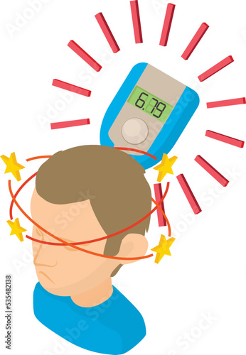 Dizziness icon isometric vector. Young man with vertigo and medical device icon. Bad feeling, malaise, Illness