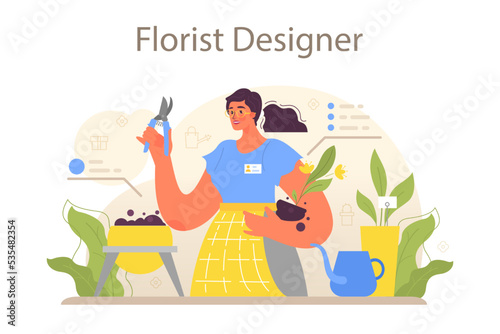 Florist concept. Floral designer growing plants, making or arranging