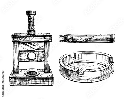 Cutting guillotine cigar and ashtray. Vintage hatching color illustration isolated on white