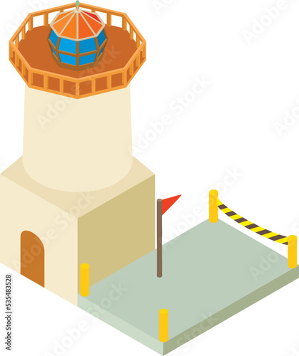 Light house icon isometric vector. Large lighthouse and fenced construction site. Building, repair, reconstruction