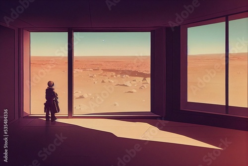 Photo 3D rendering of looking out of a window of the Mars colony