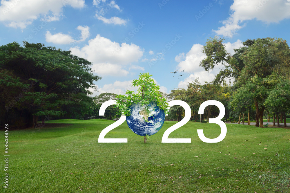 2023 White Text With Planet And Tree On Green Grass Field In Park 2023 White Text With Planet And Tree On Green Grass Field In Park