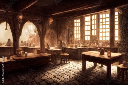 Hyper-realistic illustration of a dark moody medieval tavern inn interior photo