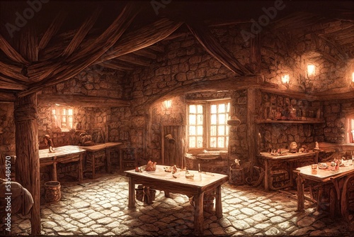 Hyper-realistic illustration of a dark moody medieval tavern inn interior