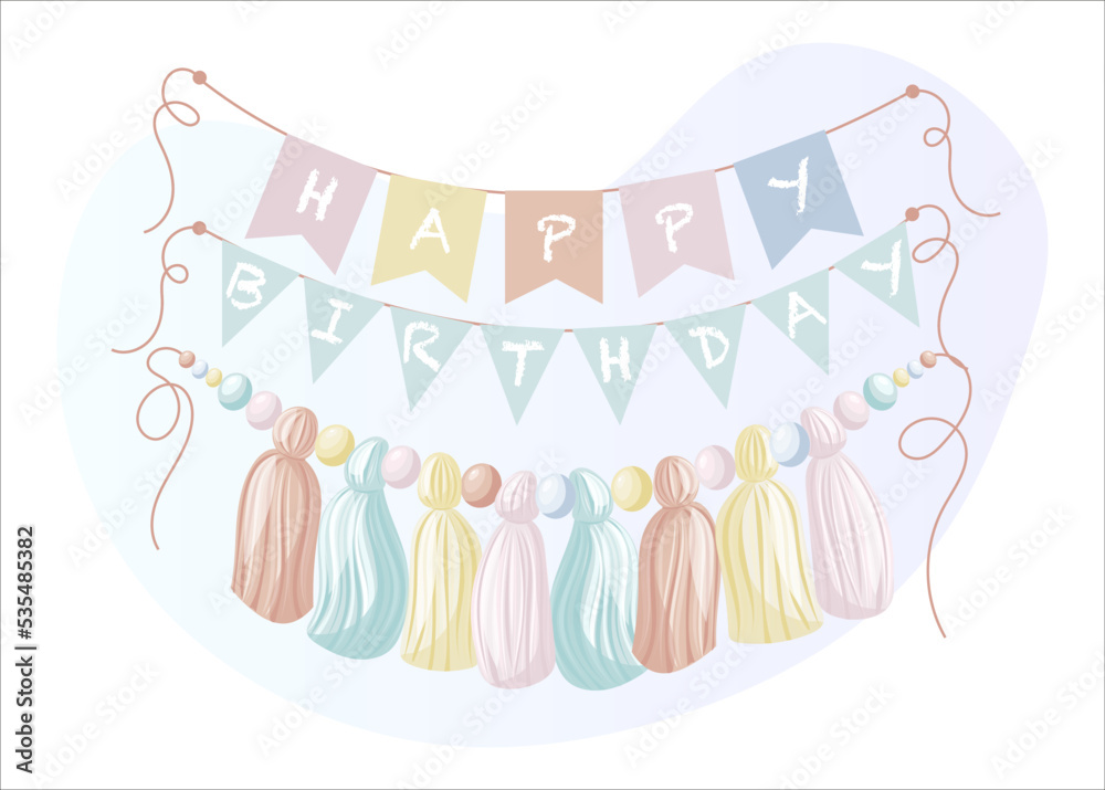 Rainbow birthday decoration set. Girl's Birthday pastel tassel garland, flags . Baby girl birthday party, celebration, holiday, event, festive, congratulations concept. Vector illustration.