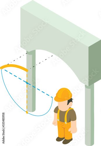 Engineering work icon isometric vector. Engineer man near model of arch icon. Designing, building, reconstruction