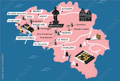 Vector illustration of the map of Belgium with sights and cultural elements on the regions