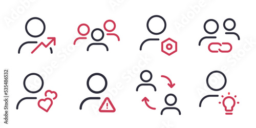 Linear vector account management and actions with profiles icon set. Work with your profile and other people online concept icon design.