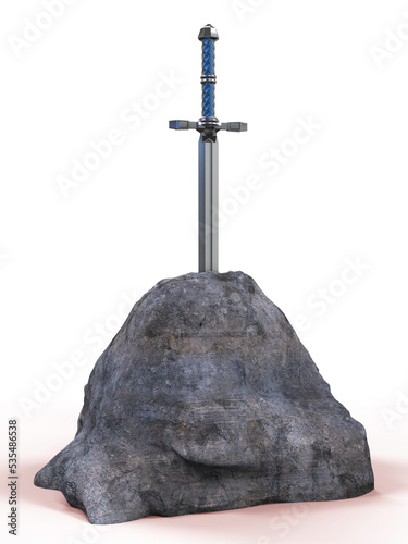 Obraz na plátne Shining in the dark sword excalibur King Arthur stuck in the rock stone in misterious forest render