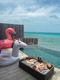 Vertical view of a served breakfast, flamingo and pony tubes faced toward the seascape